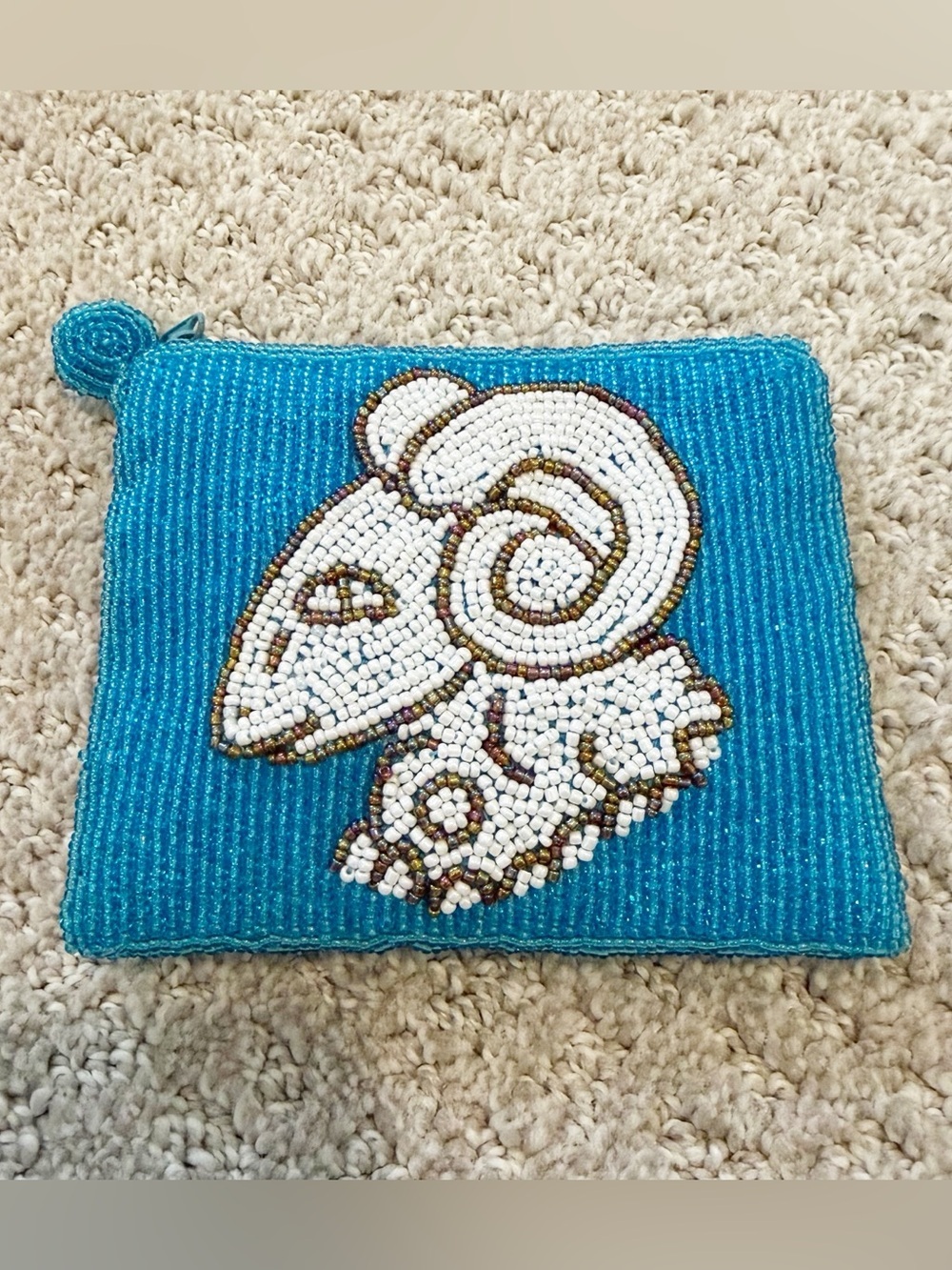 Aries Ram Beaded Mini Coin Purse Zodiac Clutch Turqoise Glass Beads Small